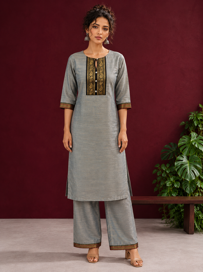 Elegant Sage Green Silk Kurta with Black zari Paisley Yoke & Contrast Sleeve Cuffs — front view