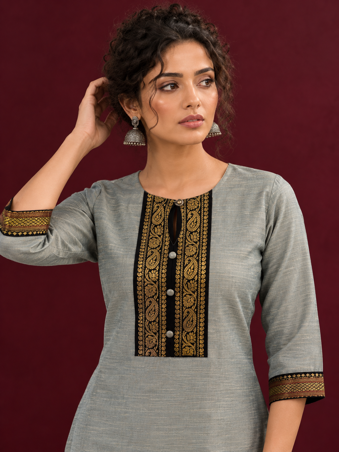Elegant Sage Green Silk Kurta with Black zari Paisley Yoke & Contrast Sleeve Cuffs — styled view — view 5