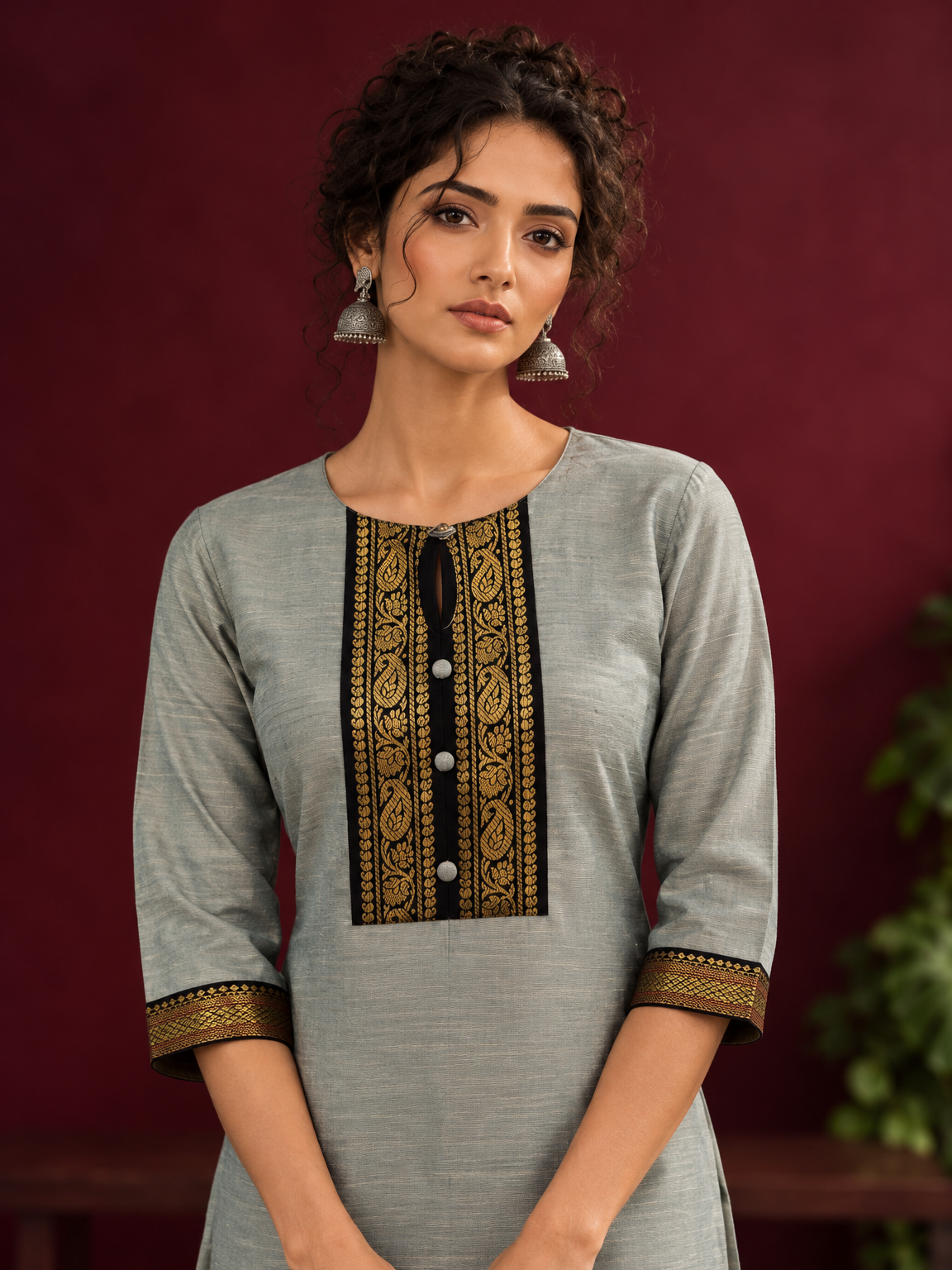 Elegant Sage Green Silk Kurta with Black zari Paisley Yoke & Contrast Sleeve Cuffs — fabric detail — view 3