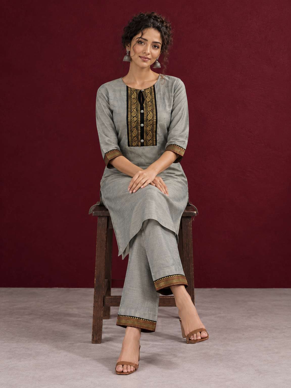 Elegant Sage Green Silk Kurta with Black zari Paisley Yoke & Contrast Sleeve Cuffs