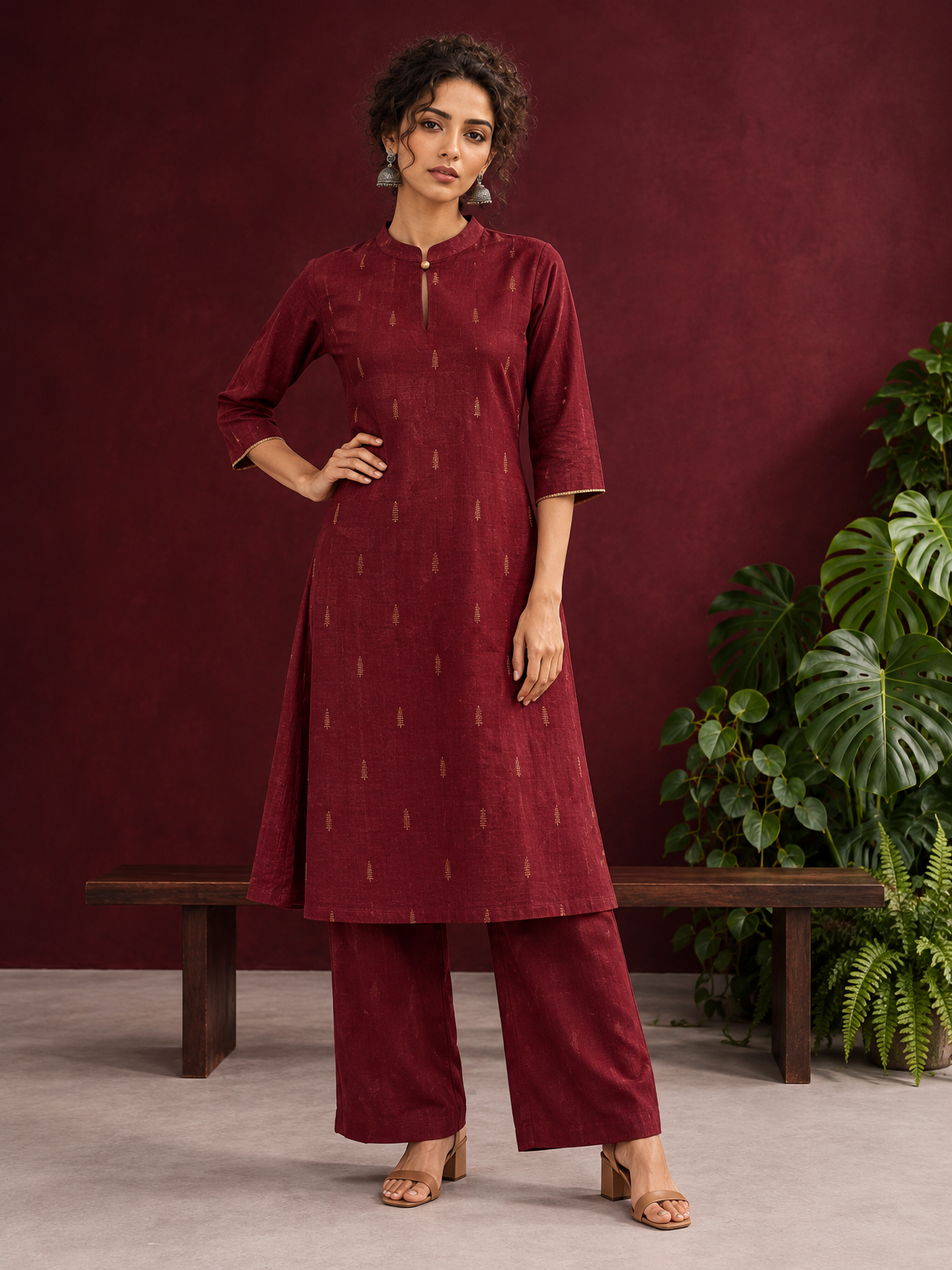 Elegant Maroon Cotton Silk Kurta with Golden Motif Print With Mandarin Collar — front view — view 3