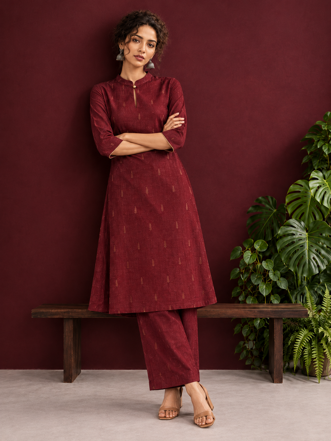 Elegant Maroon Cotton Silk Kurta with Golden Motif Print With Mandarin Collar — side view — view 4