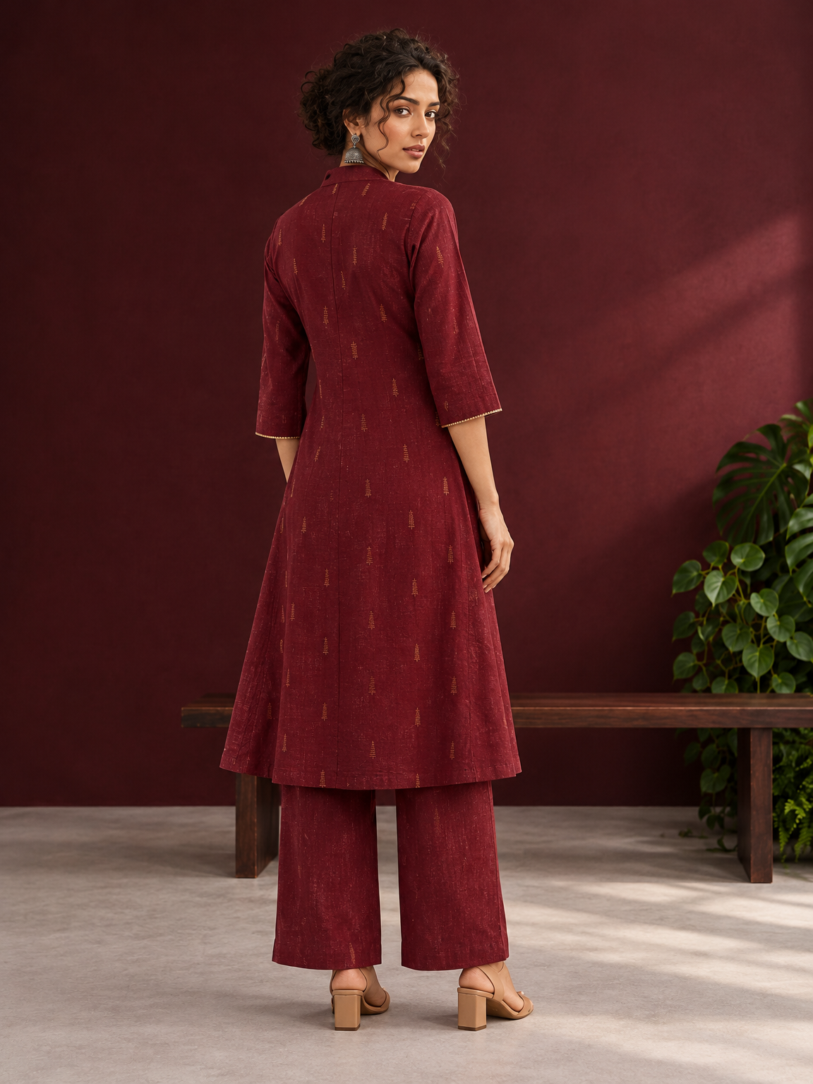 Elegant Maroon Cotton Silk Kurta with Golden Motif Print With Mandarin Collar — back view — view 2