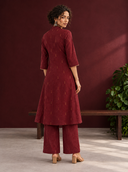 Elegant Maroon Cotton Silk Kurta with Golden Motif Print With Mandarin Collar — back view