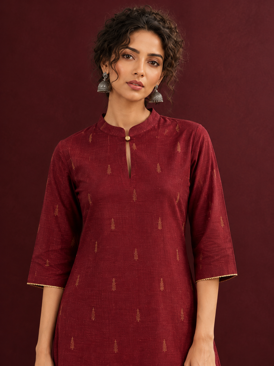 Elegant Maroon Cotton Silk Kurta with Golden Motif Print With Mandarin Collar — styled view — view 5