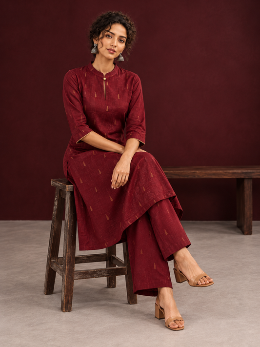 Elegant Maroon Cotton Silk Kurta with Golden Motif Print With Mandarin Collar — seated