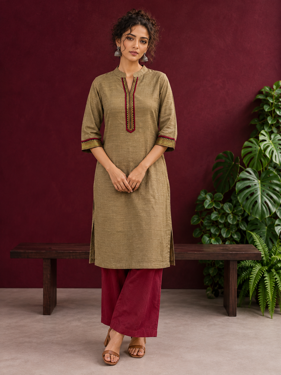 Elegant Gold Cotton-Silk Straight Kurta with Traditional Border Detailing — front view — view 2