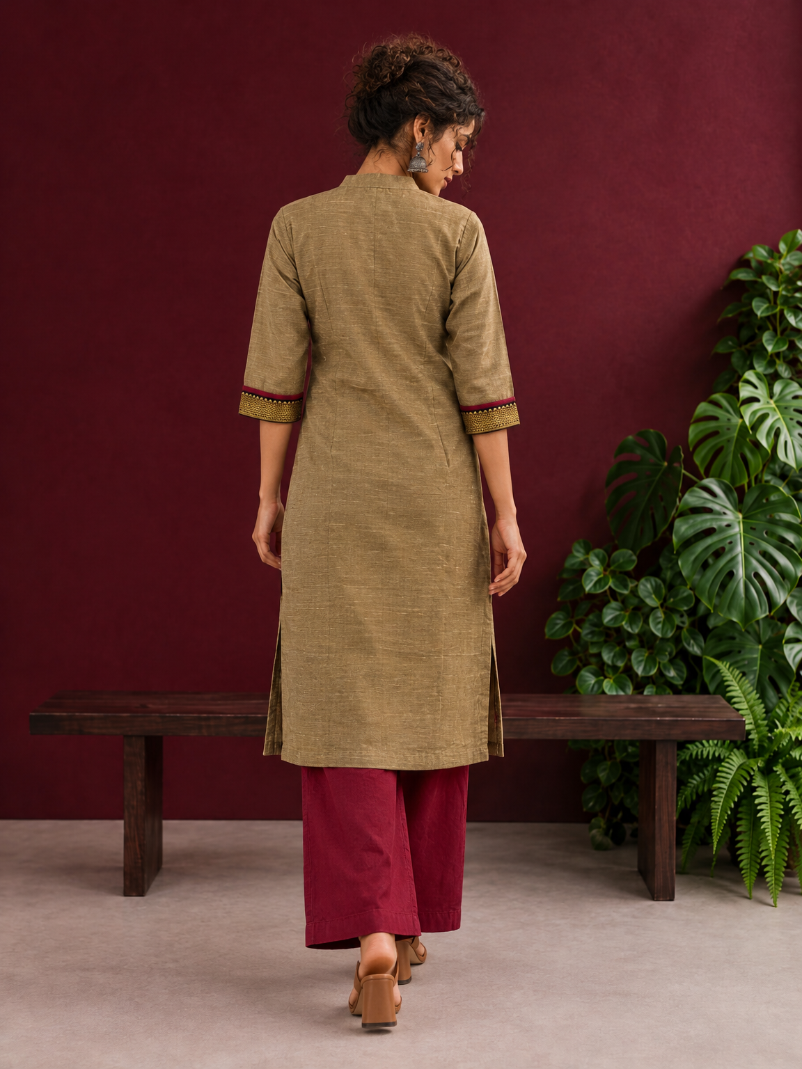 Elegant Gold Cotton-Silk Straight Kurta with Traditional Border Detailing — back view — view 3