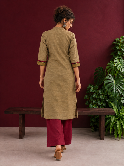 Elegant Gold Cotton-Silk Straight Kurta with Traditional Border Detailing — back view