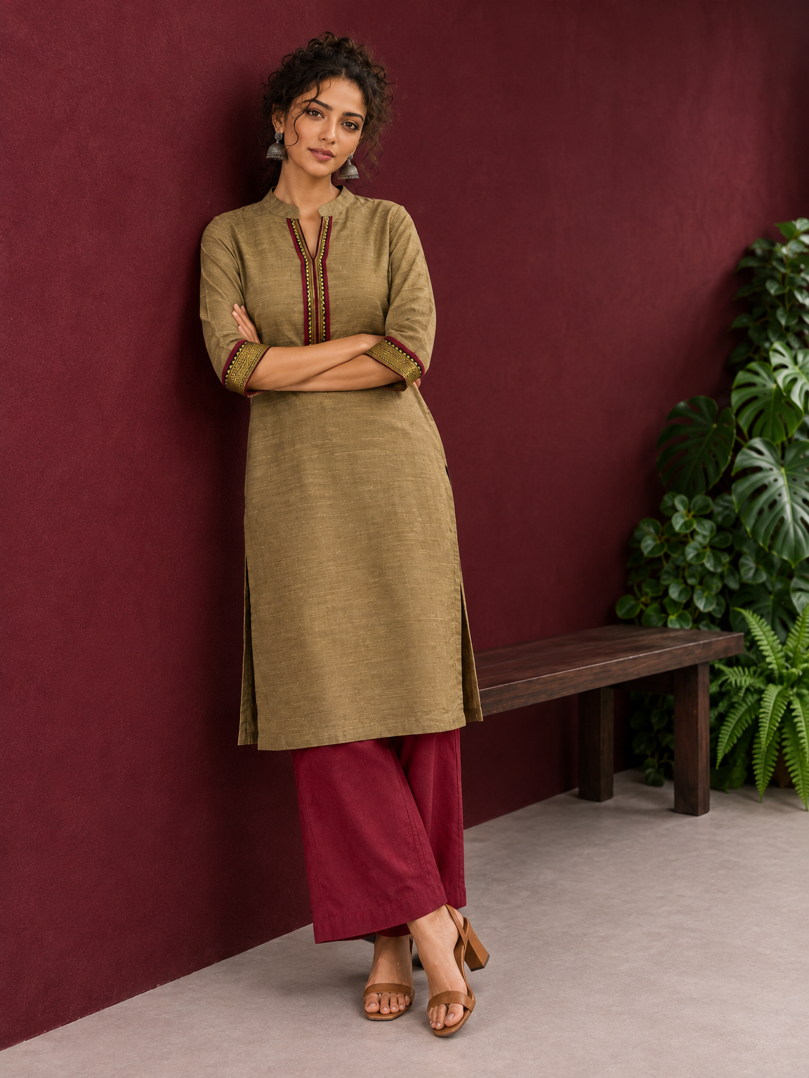 Elegant Gold Cotton-Silk Straight Kurta with Traditional Border Detailing — side view — view 5