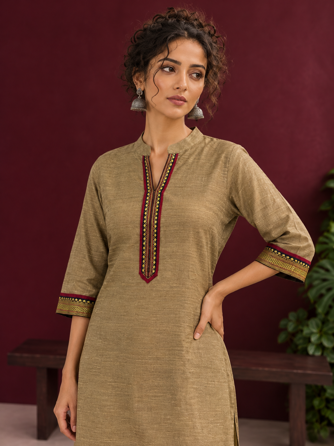 Elegant Gold Cotton-Silk Straight Kurta with Traditional Border Detailing — fabric detail — view 4