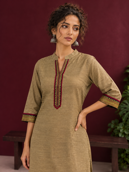 Elegant Gold Cotton-Silk Straight Kurta with Traditional Border Detailing — fabric detail