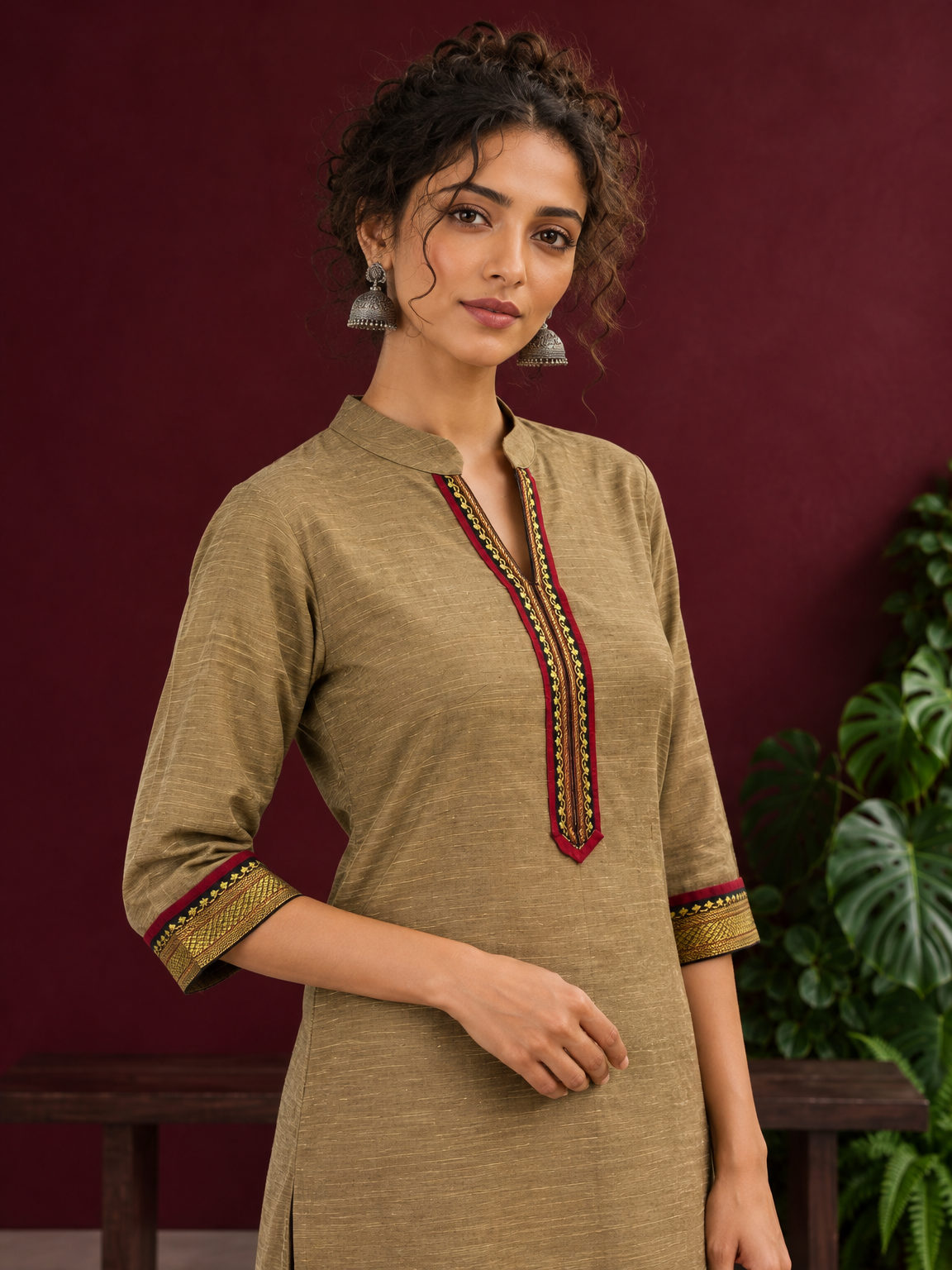 Elegant Gold Cotton-Silk Straight Kurta with Traditional Border Detailing — styled view — view 6