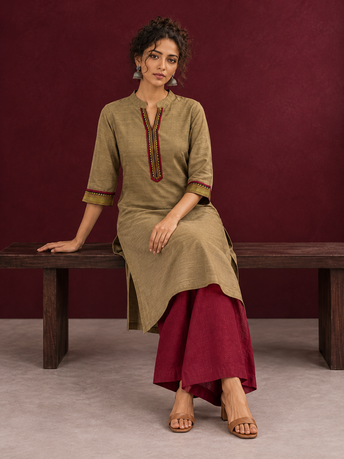 Elegant Gold Cotton-Silk Straight Kurta with Traditional Border Detailing — seated detail — view 7