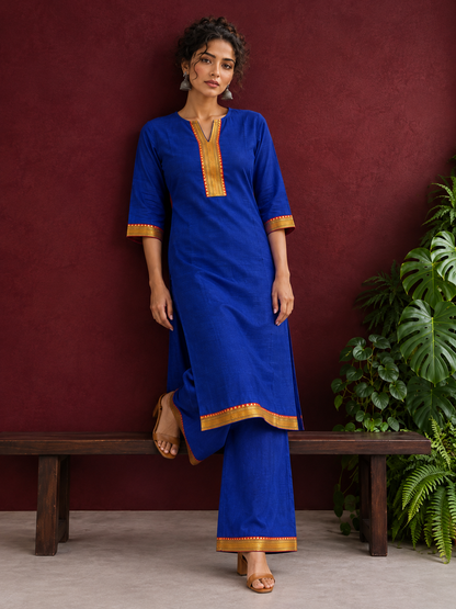 Elegant Royal Blue Cotton Silk Kurta with Contrast Mustard & Red Traditional Border On Neckline and Sleeve Cuffs — side view