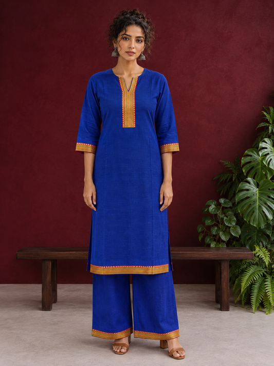 Elegant Royal Blue Cotton Silk Kurta with Contrast Mustard & Red Traditional Border On Neckline and Sleeve Cuffs — front view