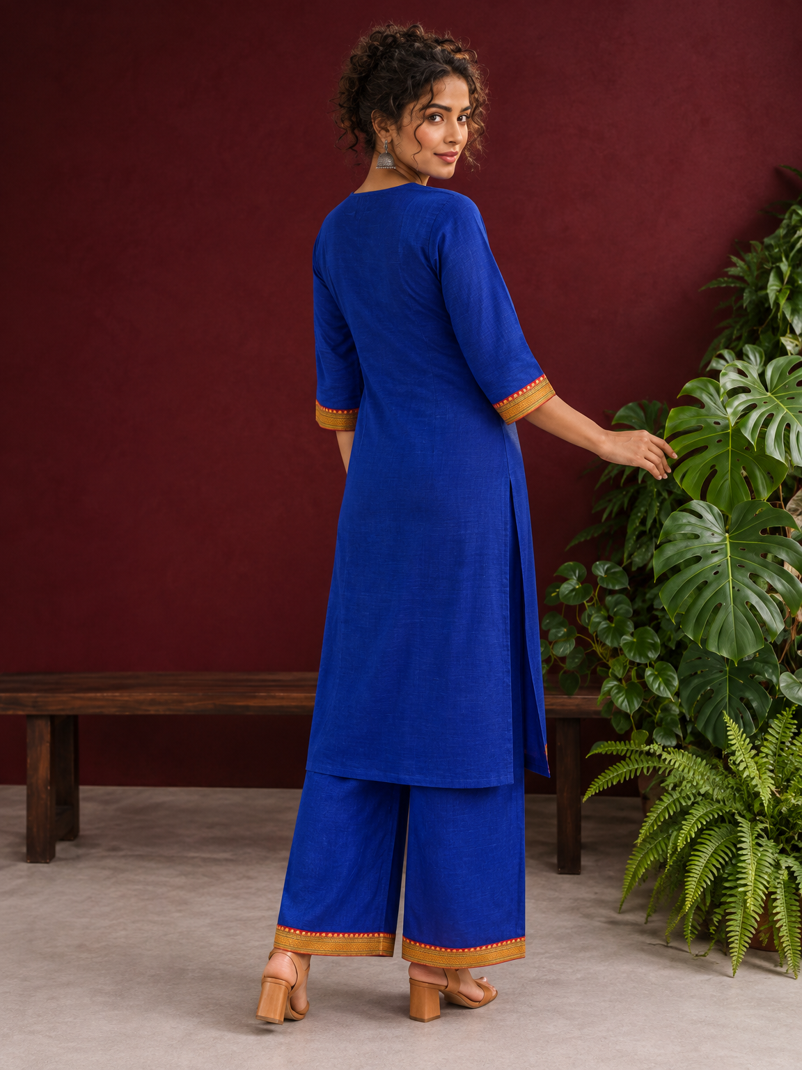 Elegant Royal Blue Cotton Silk Kurta with Contrast Mustard & Red Traditional Border On Neckline and Sleeve Cuffs — back view — view 2