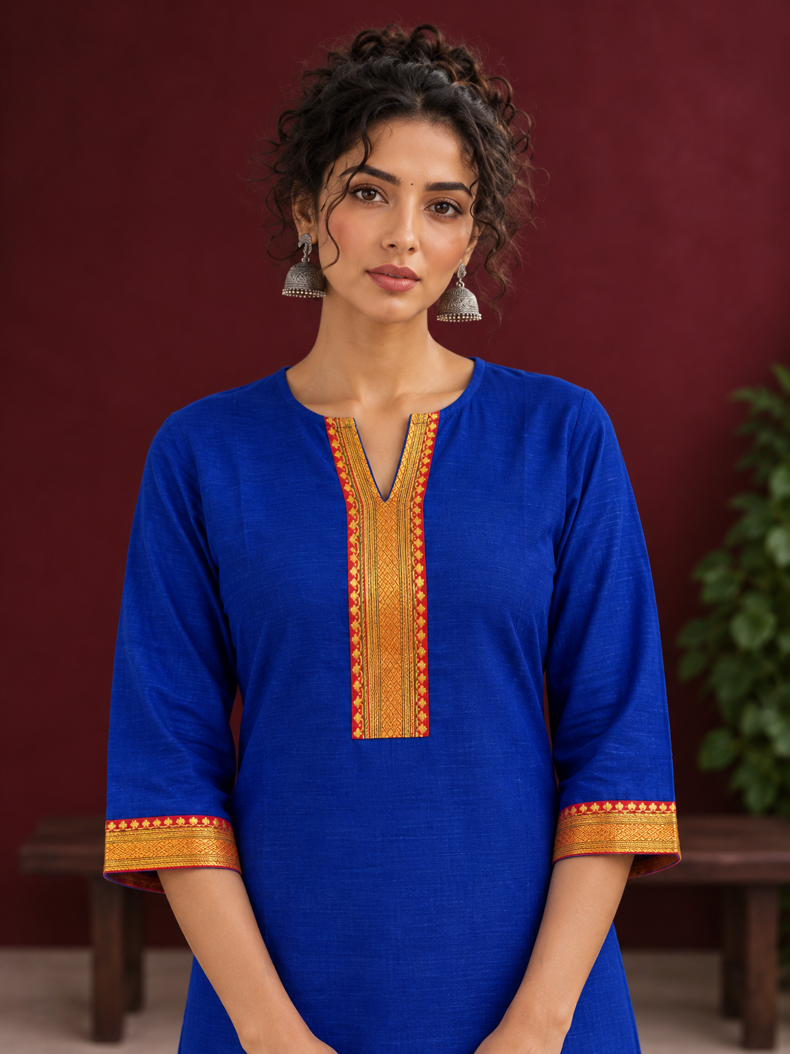 Elegant Royal Blue Cotton Silk Kurta with Contrast Mustard & Red Traditional Border On Neckline and Sleeve Cu — fabric detail — view 3
