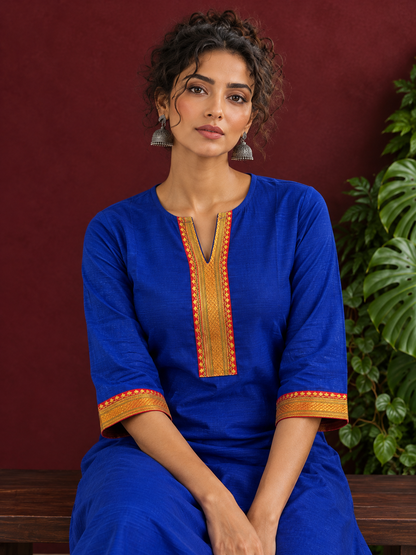 Elegant Royal Blue Cotton Silk Kurta with Contrast Mustard & Red Traditional Border On Neckline and Sleeve Cu — seated detail