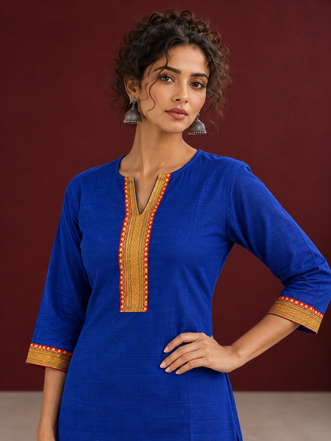Elegant Royal Blue Cotton Silk Kurta with Contrast Mustard & Red Traditional Border On Neckline and Sleeve Cuff — styled view — view 5