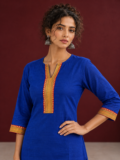 Elegant Royal Blue Cotton Silk Kurta with Contrast Mustard & Red Traditional Border On Neckline and Sleeve Cuff — styled view