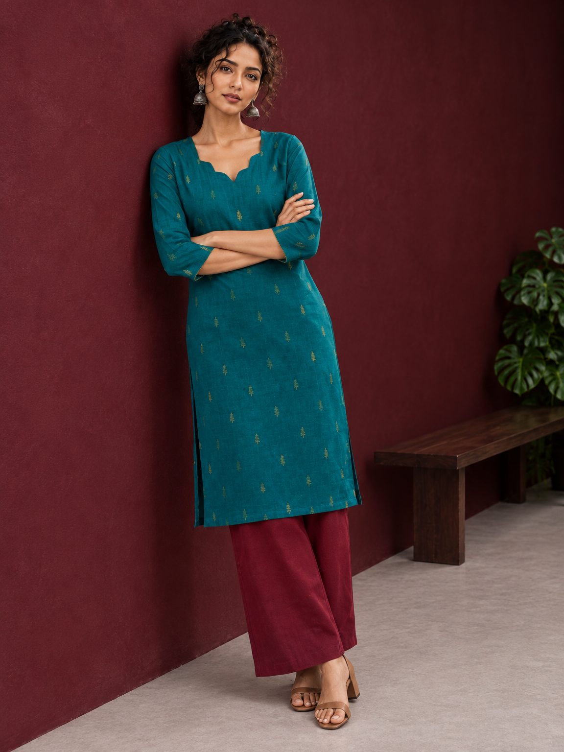 Elegant Teal Cotton Silk Kurta with Golden Motif and Notched Tulip Neckline — side view — view 4