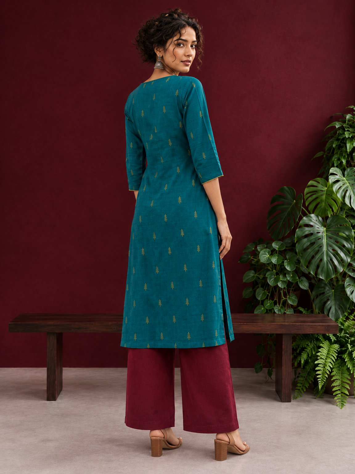 Elegant Teal Cotton Silk Kurta with Golden Motif and Notched Tulip Neckline — back view — view 2