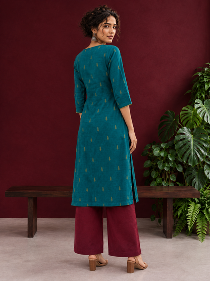 Elegant Teal Cotton Silk Kurta with Golden Motif and Notched Tulip Neckline — back view