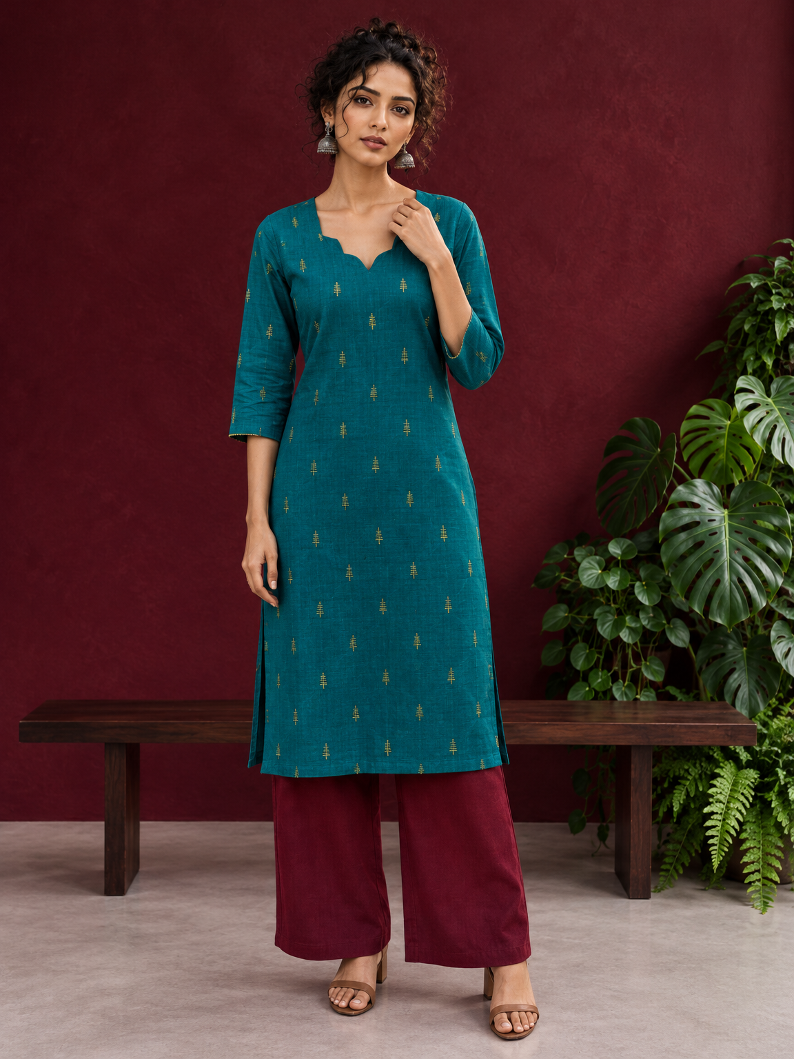 Elegant Teal Cotton Silk Kurta with Golden Motif and Notched Tulip Neckline | Optional Pant