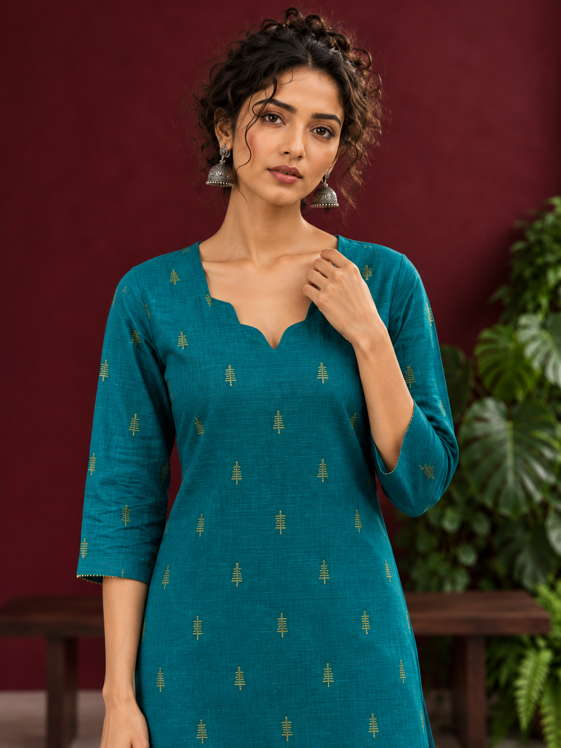 Elegant Teal Cotton Silk Kurta with Golden Motif and Notched Tulip Neckline — fabric detail — view 3