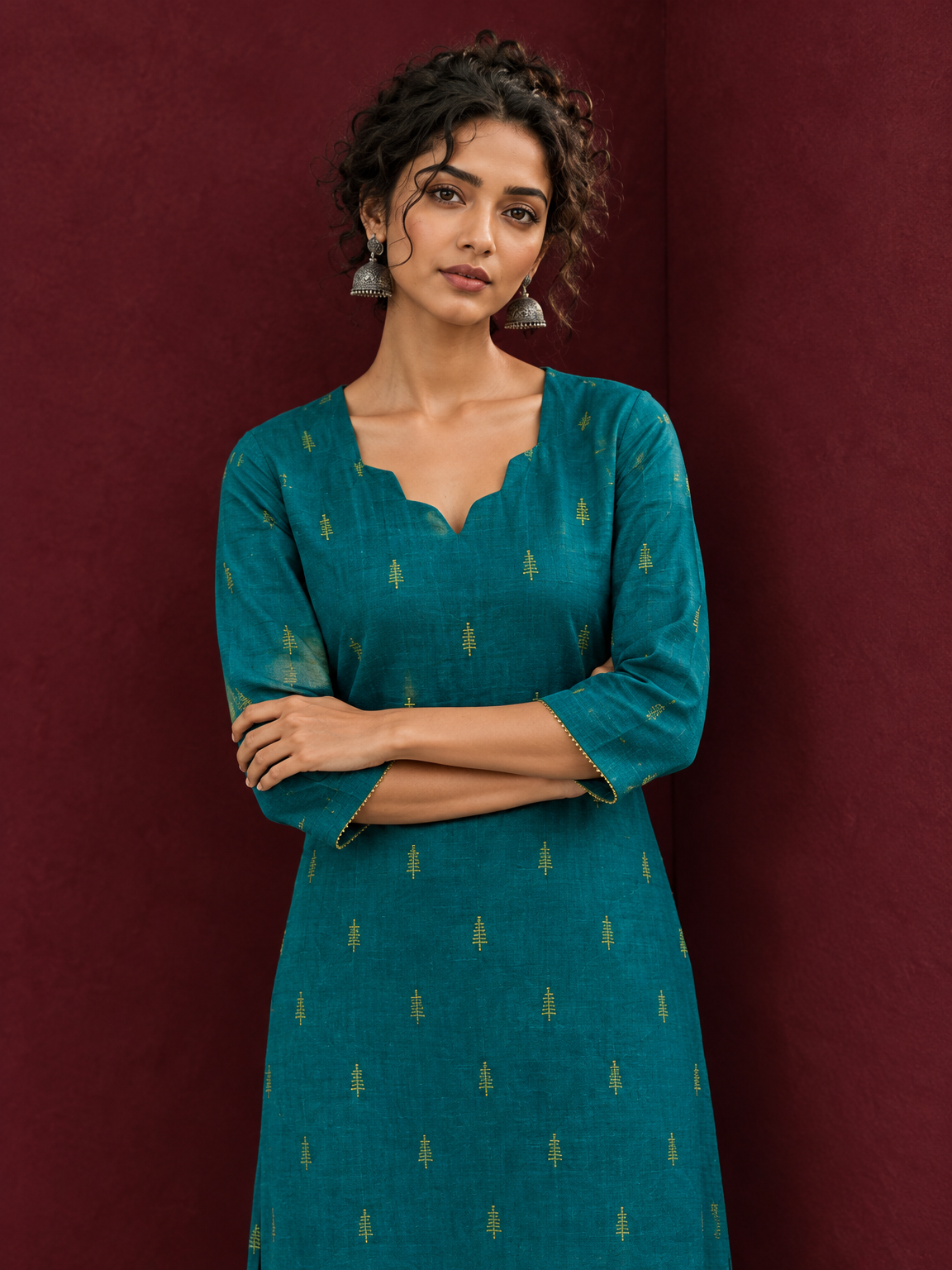 Elegant Teal Cotton Silk Kurta with Golden Motif and Notched Tulip Neckline — styled view — view 5