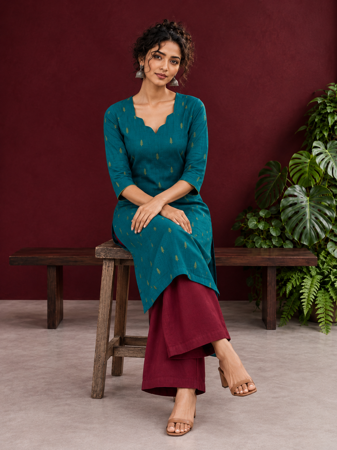 Elegant Teal Cotton Silk Kurta with Golden Motif and Notched Tulip Neckline — seated — view 7