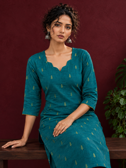 Elegant Teal Cotton Silk Kurta with Golden Motif and Notched Tulip Neckline — seated detail