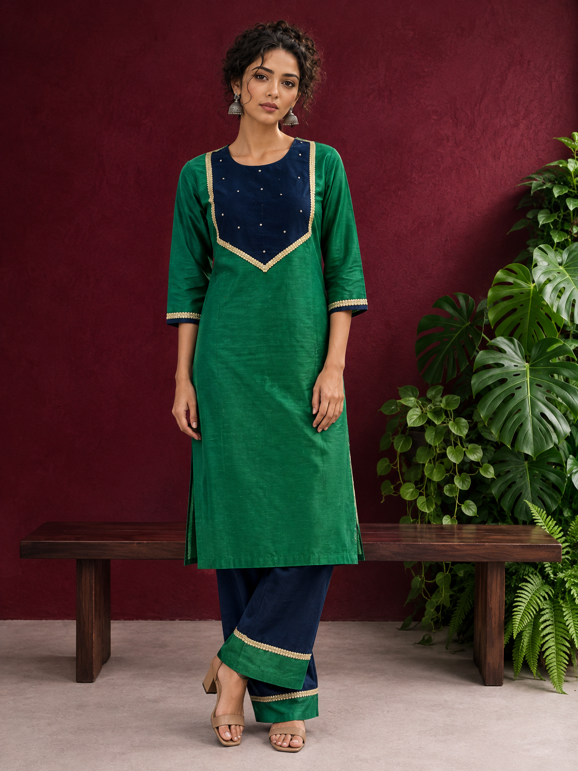 Elegant Green Silk Kurta with Contrast Navy Blue Yoke Panel, Sequin Embellishment & Gota Trim — front view — view 2