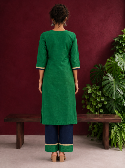 Elegant Green Silk Kurta with Contrast Navy Blue Yoke Panel, Sequin Embellishment & Gota Trim — back view