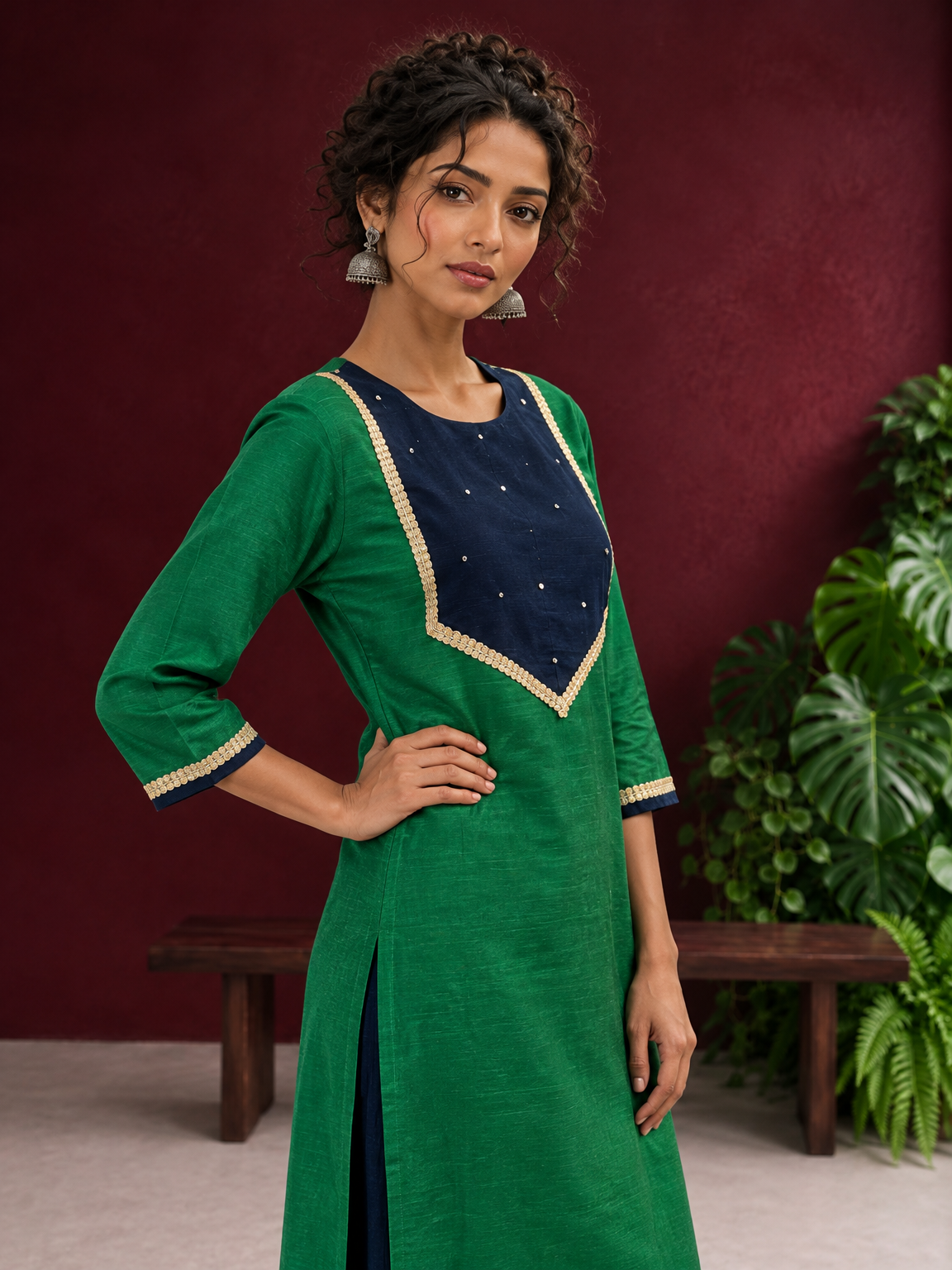 Elegant Green Silk Kurta with Contrast Navy Blue Yoke Panel, Sequin Embellishment & Gota Trim — fabric detail — view 4