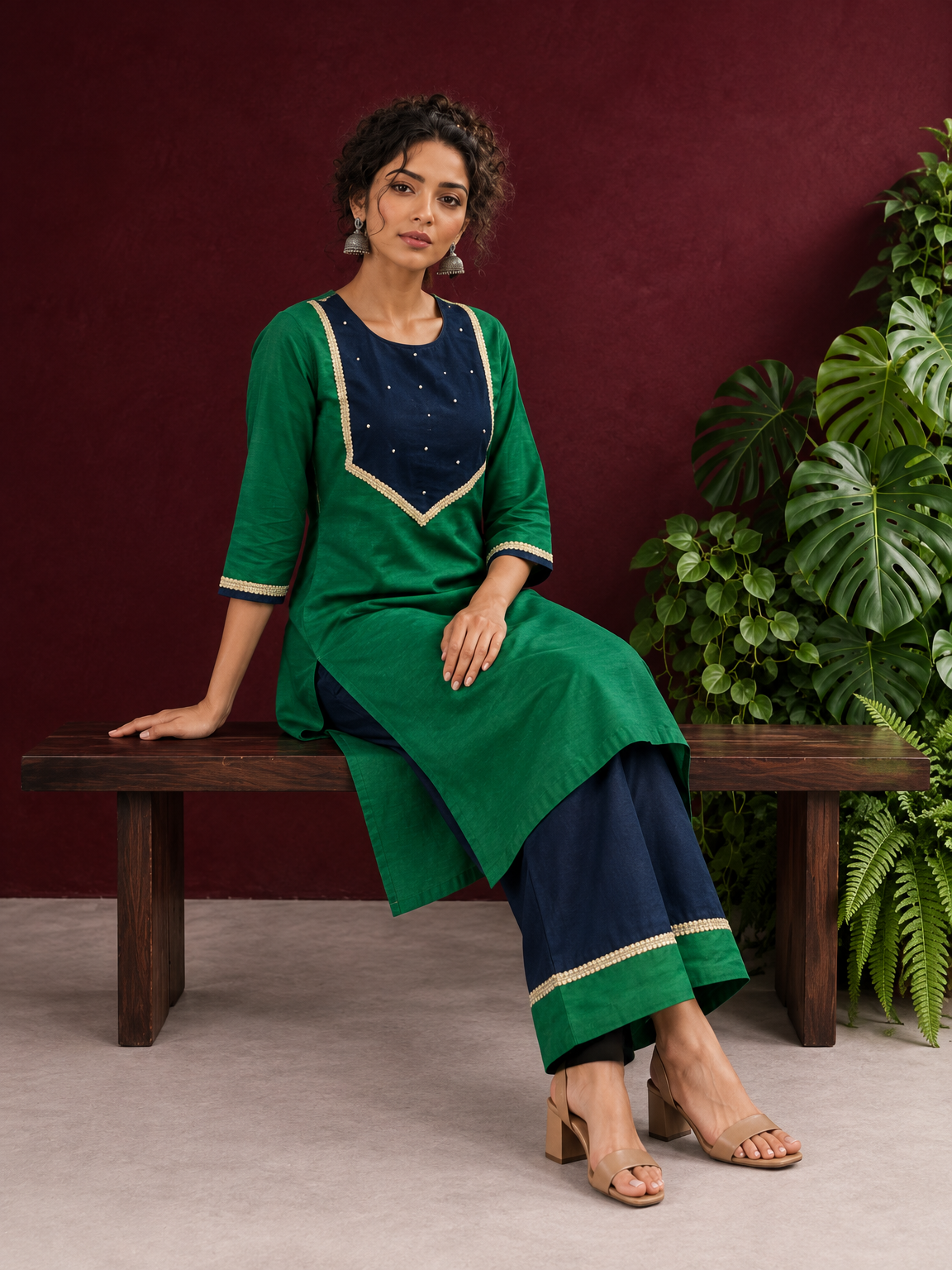 Elegant Green Silk Kurta with Contrast Navy Blue Yoke Panel, Sequin Embellishment & Gota Trim — seated