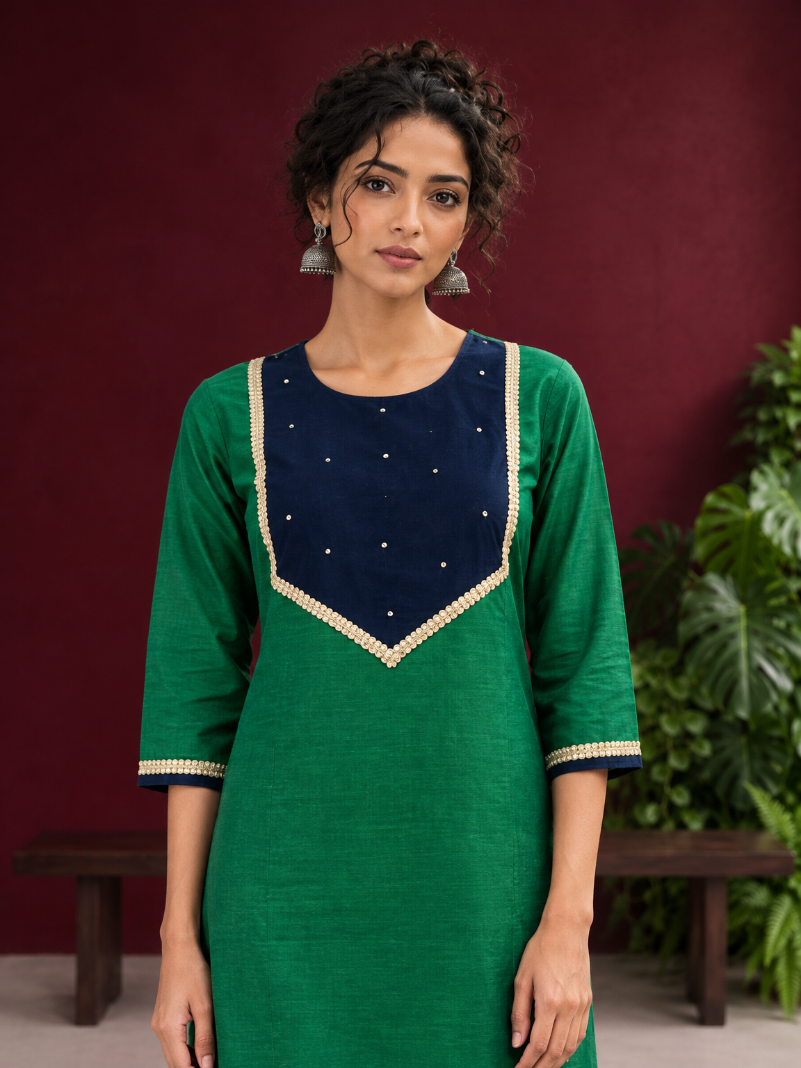 Elegant Green Silk Kurta with Contrast Navy Blue Yoke Panel, Sequin Embellishment & Gota Trim — styled view — view 6