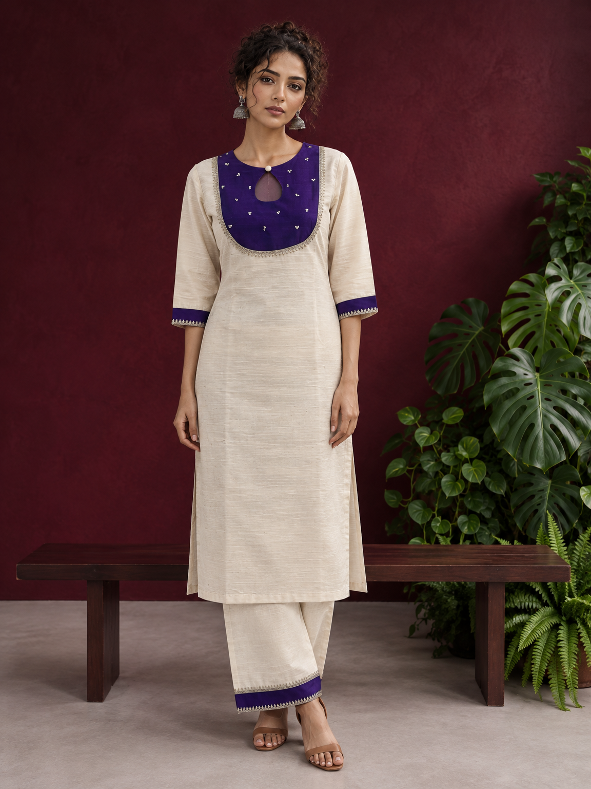 Elegant Off-White Silk Kurta with Contrast Purple Yoke Panel & Hand Embroidered Sequin Detailing | Optional Pant