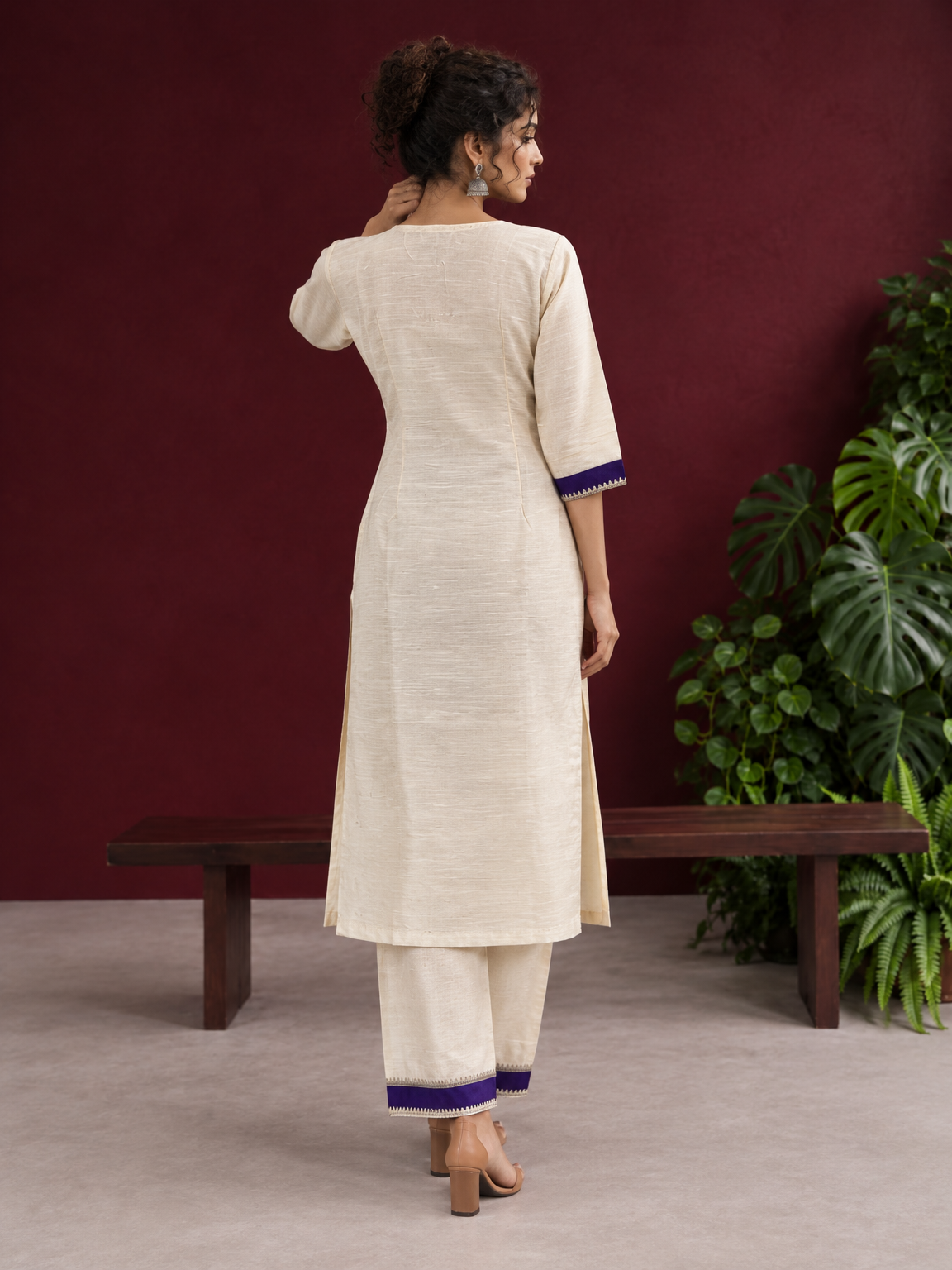 Elegant Off-White Silk Kurta with Contrast Purple Yoke Panel & Hand Embroidered Sequin Detailing — back view — view 3
