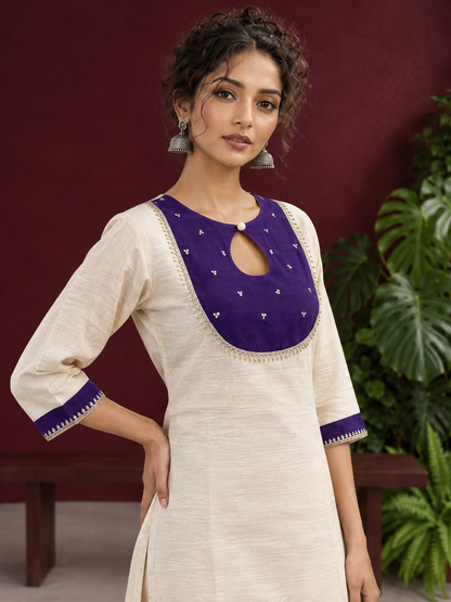 Elegant Off-White Silk Kurta with Contrast Purple Yoke Panel & Hand Embroidered Sequin Detailing — styled view