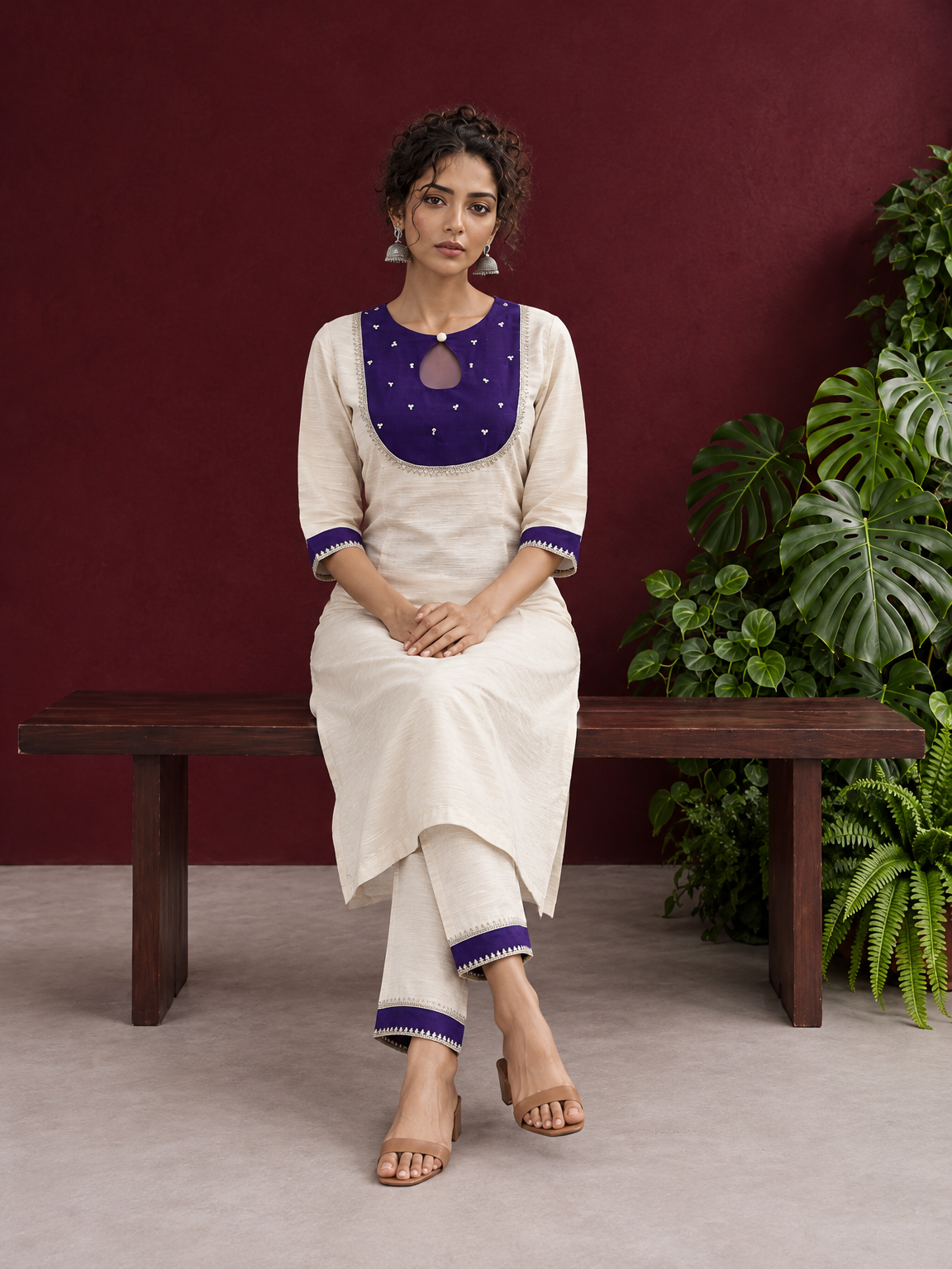 Elegant Off-White Silk Kurta with Contrast Purple Yoke Panel & Hand Embroidered Sequin Detailing — seated — view 7