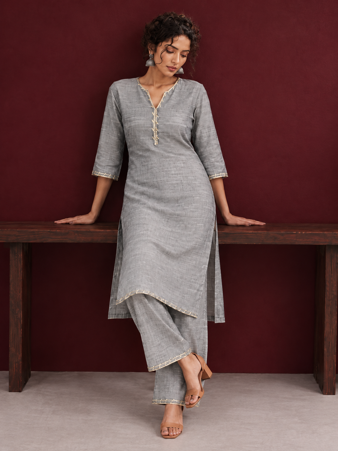 Elegant Grey Cotton Silk Kurta with Gold Gota Lace Trim V-Neck — side view — view 4