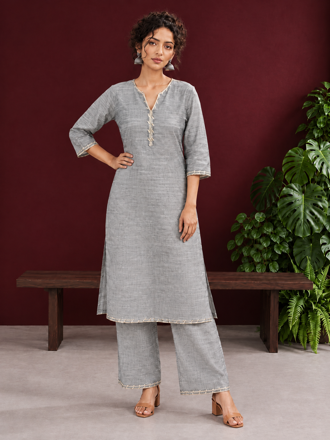 Elegant Grey Cotton Silk Kurta with Gold Gota Lace Trim V-Neck — front view — view 3