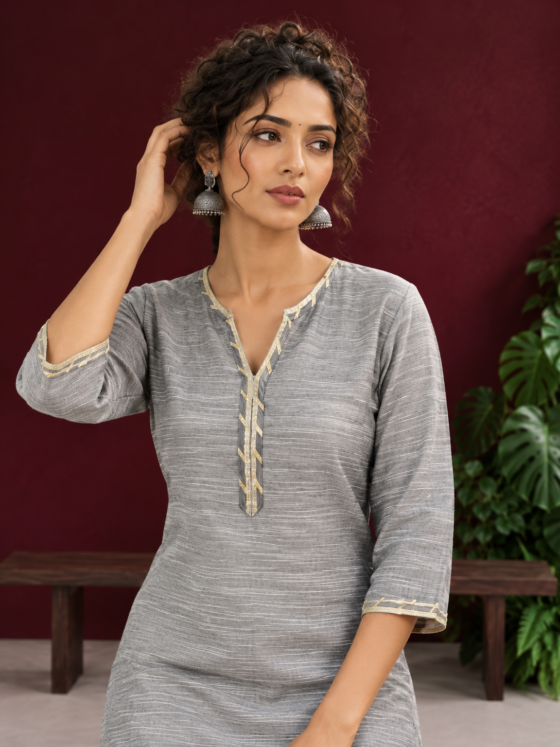 Elegant Grey Cotton Silk Kurta with Gold Gota Lace Trim V-Neck — styled view — view 6