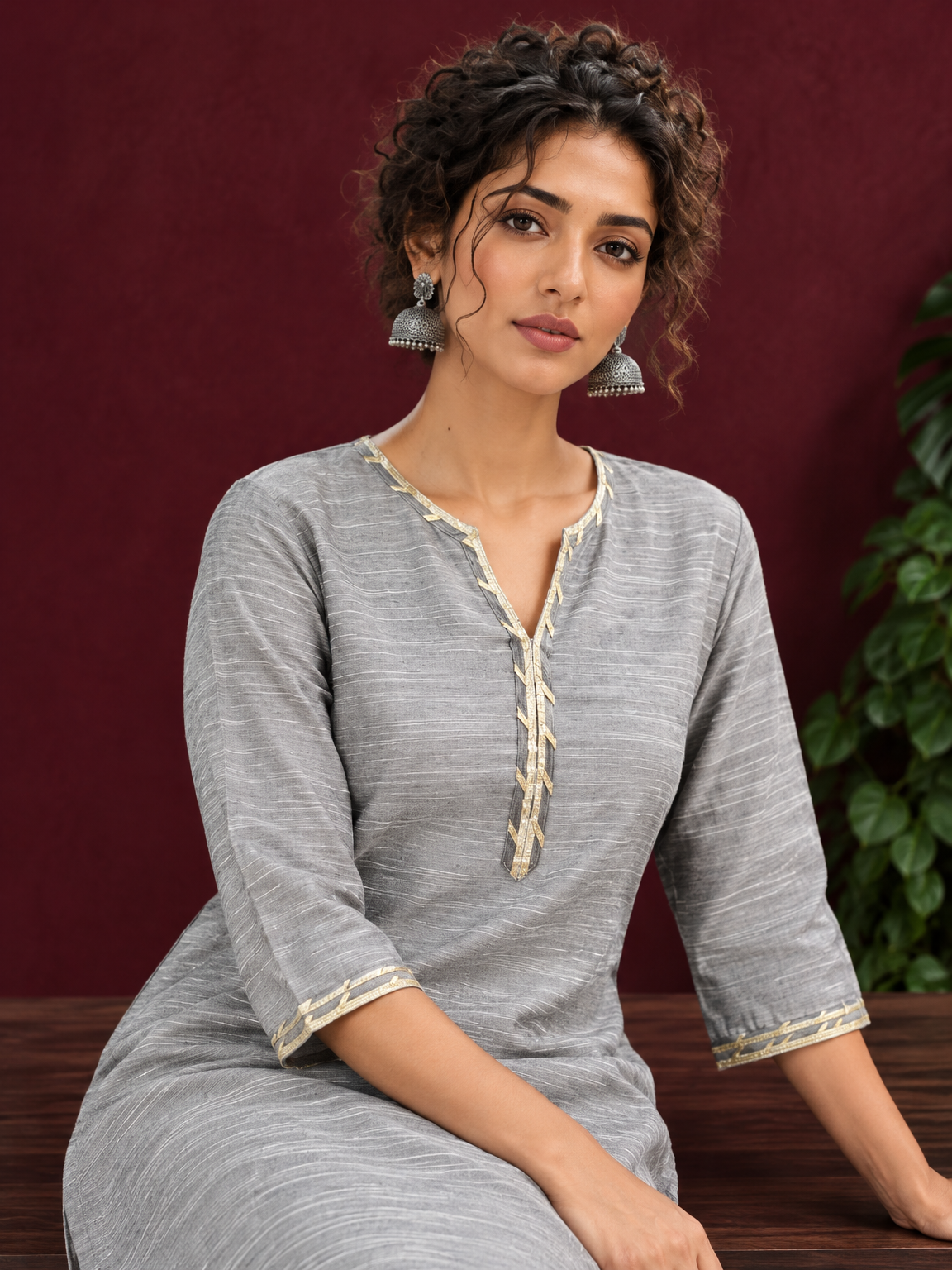 Elegant Grey Cotton Silk Kurta with Gold Gota Lace Trim V-Neck — seated detail — view 7