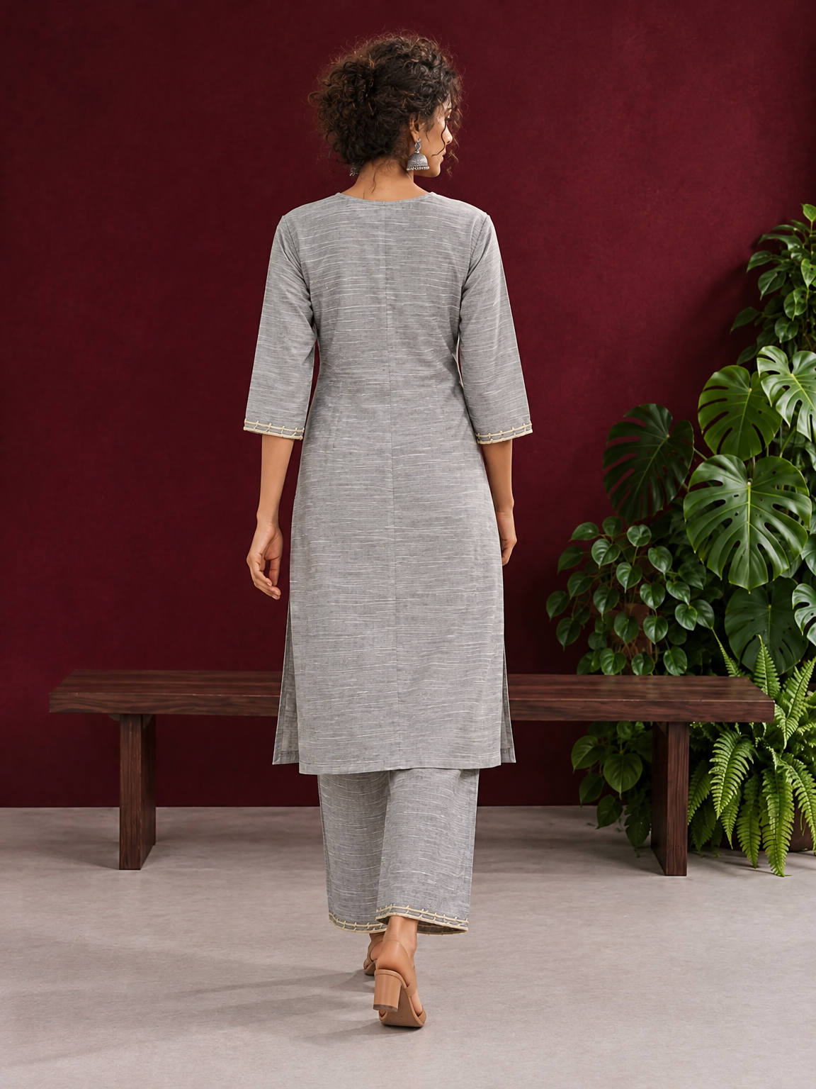 Elegant Grey Cotton Silk Kurta with Gold Gota Lace Trim V-Neck — back view — view 2