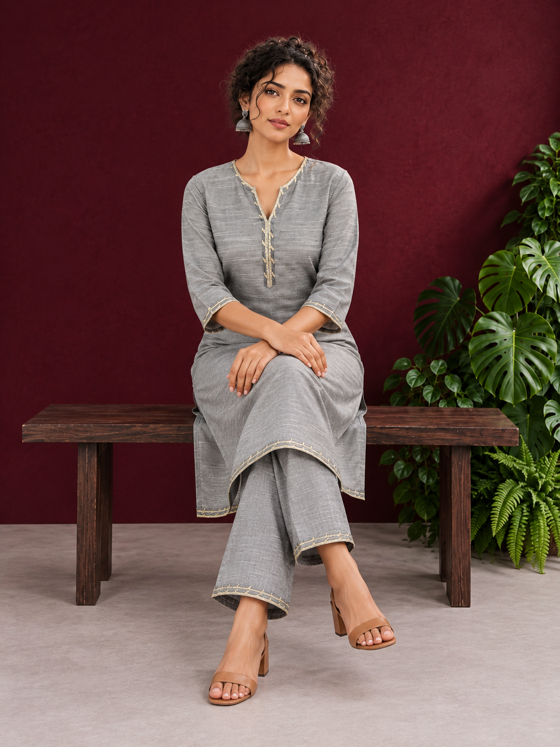 Elegant Grey Cotton Silk Kurta with Gold Gota Lace Trim V-Neck — seated