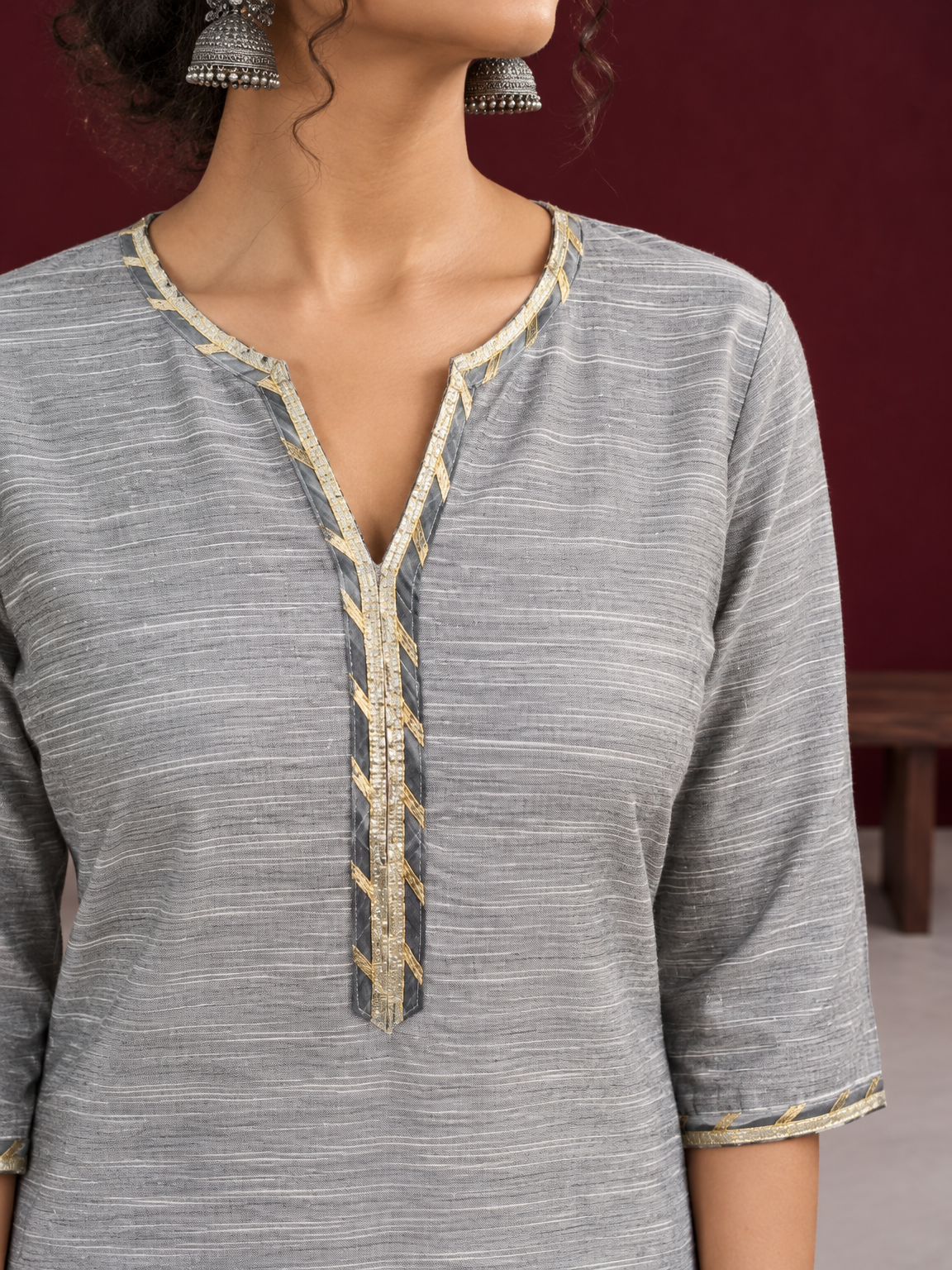 Elegant Grey Cotton Silk Kurta with Gold Gota Lace Trim V-Neck — fabric close-up — view 5