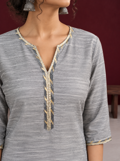 Elegant Grey Cotton Silk Kurta with Gold Gota Lace Trim V-Neck — fabric close-up